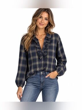 Anthropologie‎ Nation Los Angeles Navy Plaid Ruffle Front Shirt large